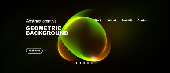 Obraz premium Dark background features vibrant abstract shapes, text elements, navigation menu. Modern design promotes creativity, geometric patterns.