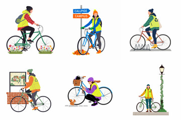 Naklejka premium Set of vector illustrations featuring a young woman cycling, commuting, and navigating the city on her bicycle.