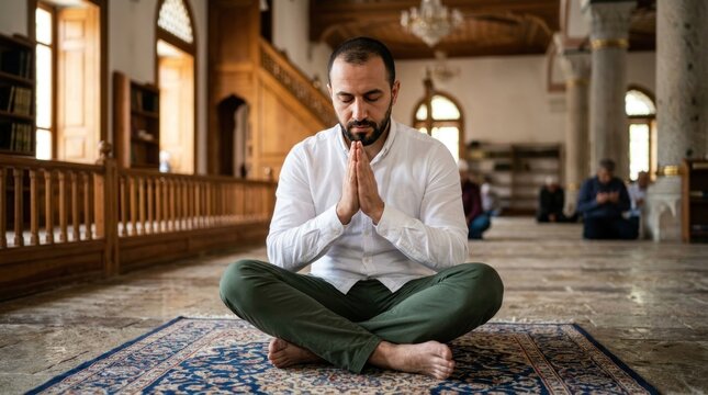 Man in prayer gesture wears white shirt and green pants