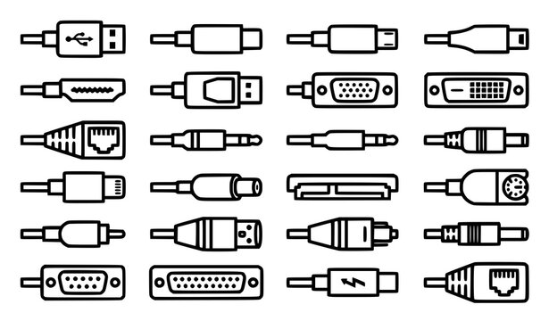 Cable Connector Icon Set with USB HDMI Ethernet and Audio Plug Symbols