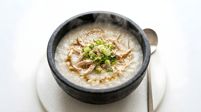 A steaming bowl of Korean chicken porridge, known as Dak Juk, garnished with fresh green onions, served in a traditional stone pot, a comforting and healthy meal