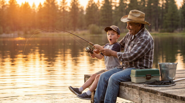 Summer fishing grandfather grandson lake catching fish outdoor vacation recreation bonding excited joyful promotional editorial marketing content