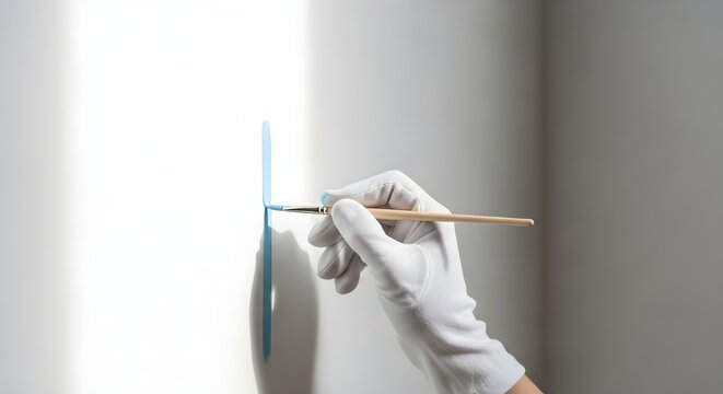 Gloved Hand Carefully Painting a Thin Blue Line on a White Wall