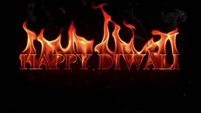 Happy diwali text design glowing with intense orange flames and rising black smoke in this high quality 3d motion video footage that captures the festive spirit of the indian festival of lights with v