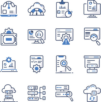 Performance optimization, database management, caching, mobile optimization, sync, analytics line icons. 
