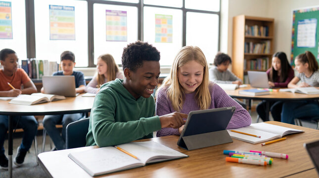 Back to school students using tablet for collaborative digital learning in classroom for education technology materials