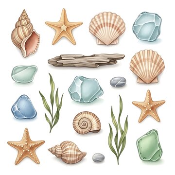 Collection of seashells starfish and coral on white background.