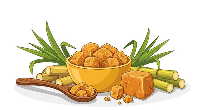Illustration of brown sugar cubes in a bowl with spoon and green sugarcane stalks on white background