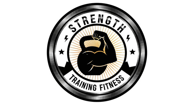 Dynamic strength training fitness logo with kettlebell and flexed arm.