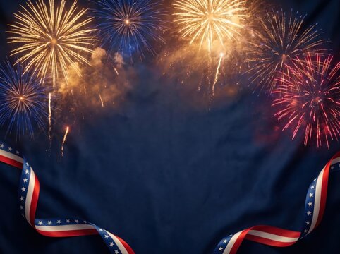 Fourth of July patriotic background with fireworks and red white and blue ribbon on dark blue fabric texture