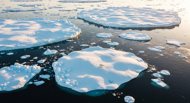 Polar bear on melting ice floe in arctic ocean at sunset