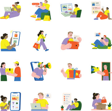 Collection of online shopping activities, including purchasing, payments, reviews, delivery services, marketing, product browsing, tracking, and e-commerce interactions. 
