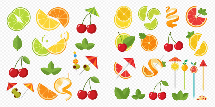 Collection of various cocktail garnishes including citrus slices, cherries, mint leaves, and decorative picks, ideal for drink presentations.