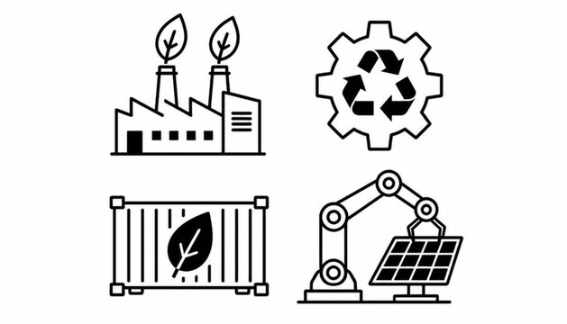 Smart green factory and industrial eco technology monochrome line art vector icon set featuring factory building with leaf chimneys recycling gear cargo shipping container and robotic arm assembling s
