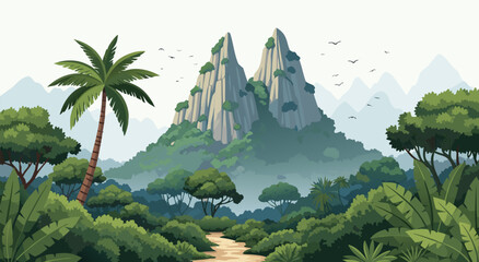 Obraz premium Tropical Jungle Mountain Landscape Vector Illustration of Lush Rainforest Scenery with Exotic Palm Trees and Rocky Peaks for Nature Exploration Design