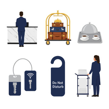 Hotel reception desk with receptionist bellhop bell luggage and room key.
