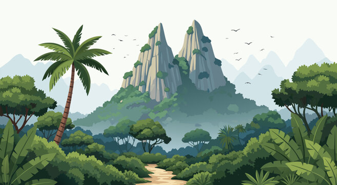 Tropical Jungle Mountain Landscape Vector Illustration of Lush Rainforest Scenery with Exotic Palm Trees and Rocky Peaks for Nature Exploration Design