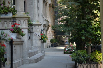 Obraz premium Urban sidewalk with stone façade and flowers