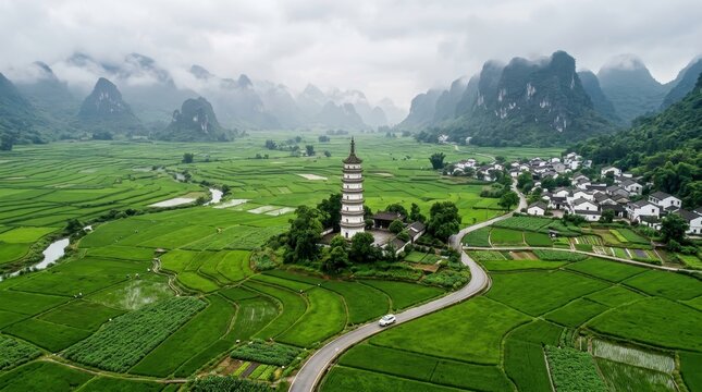 Aerial view of a traditional white pagoda surrounded by lush green rice fields and karst mountains in Guangxi, China