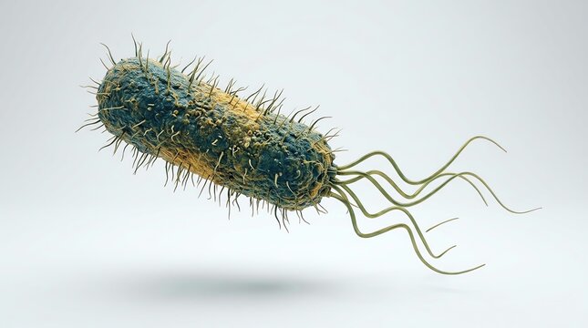 Microscopic Bacterium with Flagella and Pili on a Light Background