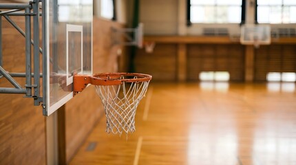 Basketball hoop and net with blurred gym background © Manu