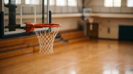 Close up basketball rim and net in indoor arena © Manu