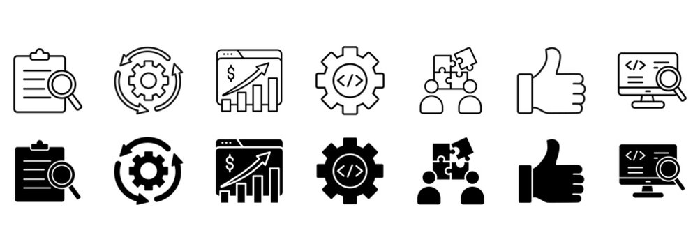 Software testing icon set. Analysis and development vector illustration