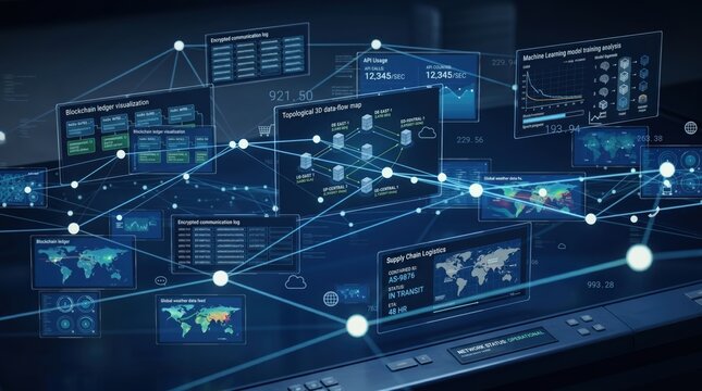Cyber security network monitoring dashboard display with blockchain ledger visualization, supply chain logistics tracking, and machine learning analysis screens