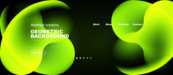 Obraz premium Bright green abstract shapes dominate dark background. Text details website navigation, promoting geometric designs. Modern, fluid aesthetic.