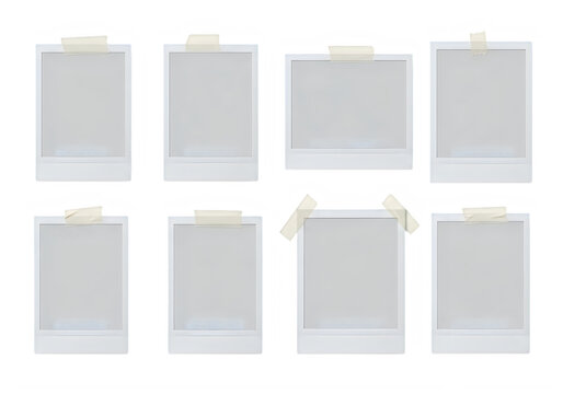 Set of blank polaroid photo frames with beige tape on white background transparent background