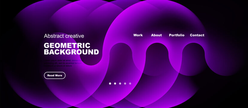 Abstract purple shapes overlap black background. Website navigation present, text includes geometric background, button says read more.