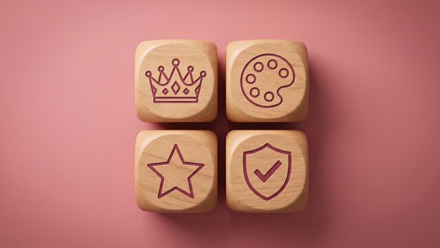 Four wooden cubes in a 2x2 grid with crown, color palette, star, and shield icons on warm rose pink background for brand identity concept.