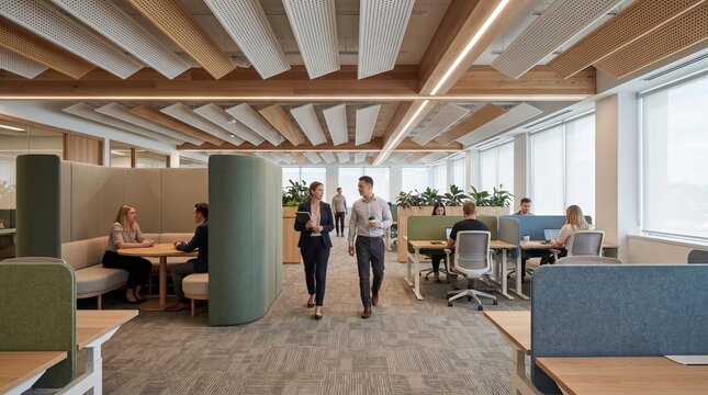 Acoustic Office Interior With Partitions Ceiling Baffles And Focus Zones