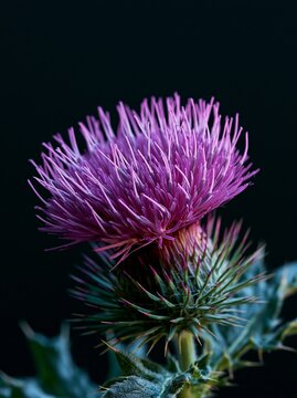 Close up of Scottish thistle bloom with vibrant purple petals and sharp green leaves against a pure black background, showcasing intricate floral details and textures