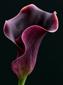 Close up of a single deep black purple calla lily flower with smooth petals and a green stem against a dark background highlighting its elegant shape and texture