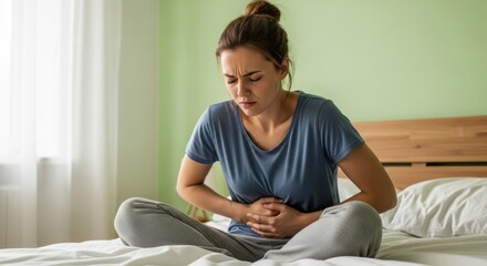 Fototapeta premium Young Woman Suffering from Severe Stomach Ache or Menstrual Cramps Sitting on Bed at Home