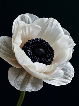 Extreme close-up of a white anemone flower featuring a deep black center, showcasing delicate petals against a dark background for botanical study and floral design