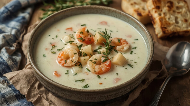 Creamy seafood chowder with shrimp, potato and herbs served with grilled bread, comforting