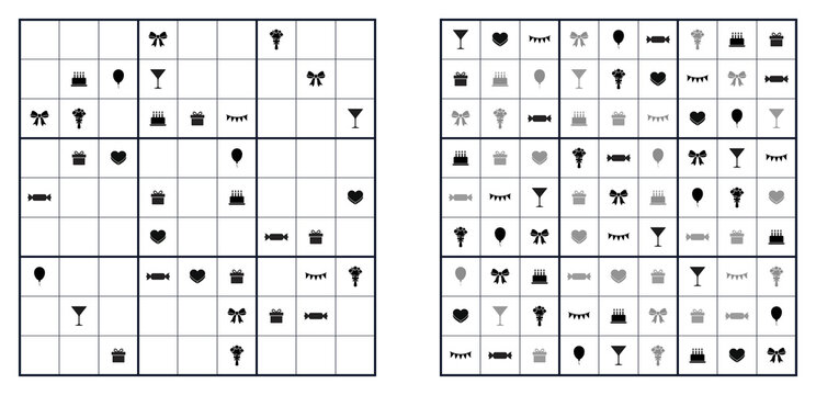 Sudoku puzzle game template with party icons. Printable logic activity and brain training worksheet for kids. Unsolved grid and complete solution sheet featuring celebration silhouettes