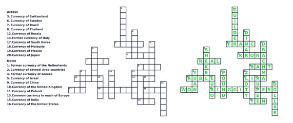 World currencies crossword puzzle and solution sheet. Educational geography word game vector template. Printable adult brain training activity isolated on transparent background © Svetlana
