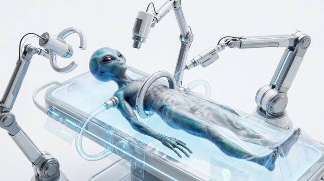 Alien being subjected to advanced medical examination with robotic arms