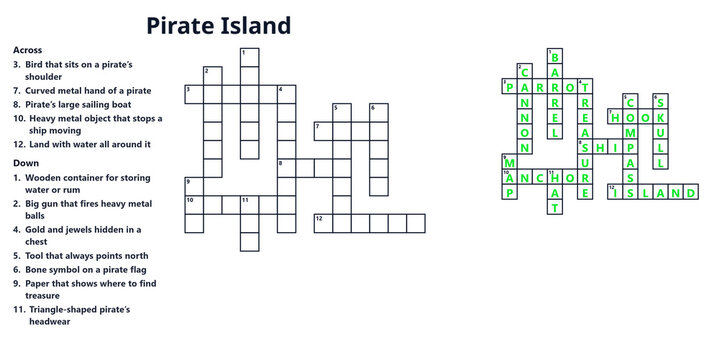 Pirate island themed crossword puzzle and solution sheet. Printable educational word game for kids. Adventure brain training activity worksheet