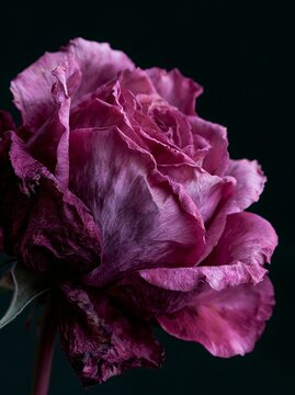 Close up of a single deep purple rose with outer petals beginning to wilt, showcasing intricate textures and details against a dark background