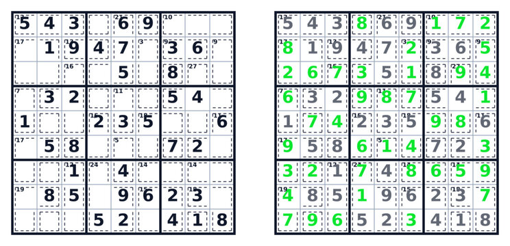 Killer Sudoku puzzle game template vector illustration. Unsolved grid and completed solution with green numbers. Brain training logic math activity isolated on transparent background