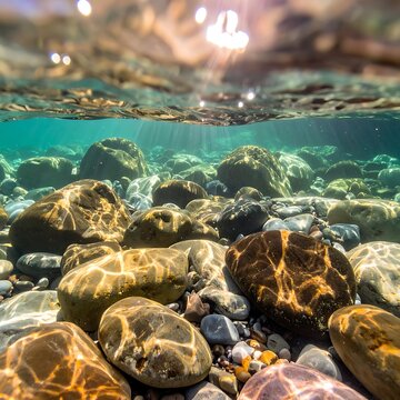 A serene underwater scene with sunlight filtering through clear water onto colorful rocks