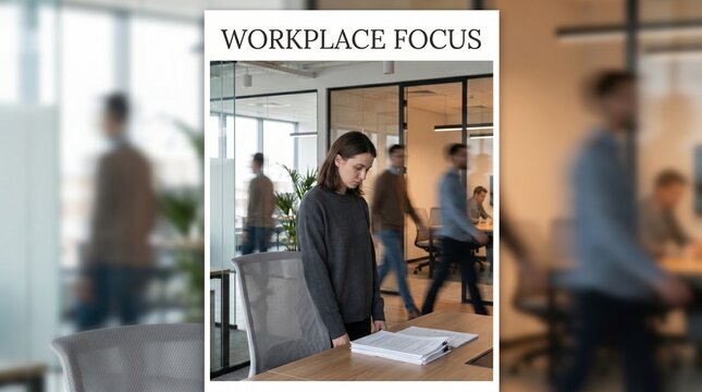 Woman reading in open-plan office with glass partition and ambient sound masking