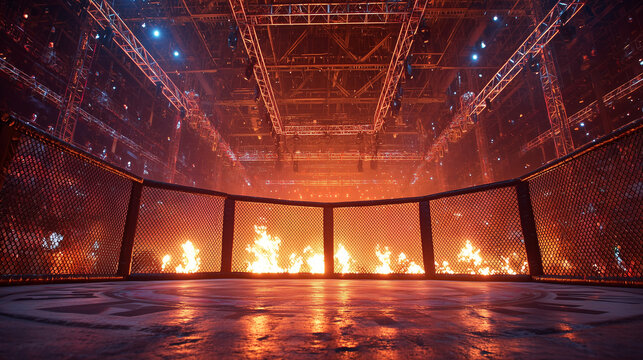 The large MMA stage with fire bruning effect behind the stage in the big arena , action cinemaitc.