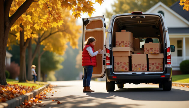 Delivery van loaded with cardboard boxes in autumn neighborhood with woman checking inventory for moving and courier banner design
