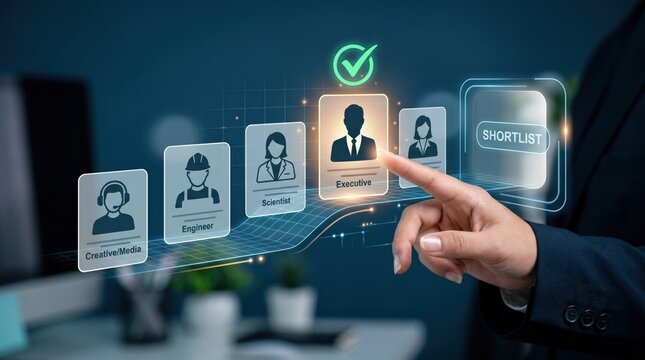 HR manager selecting executive candidate on holographic interface, recruitment process with shortlist button