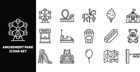 Amusement park set featuring ferris wheel, roller coaster, carousel horse, circus tent, food, and carnival attractions in line © ico-vect